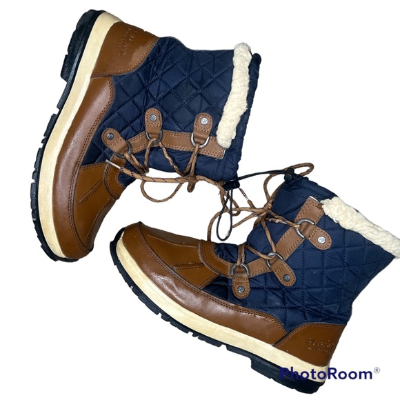 BearPaw Bethany Size 10 Navy Blue & Leather Brown Winter Ducks Boots Sherpa - Picture 1 of 7